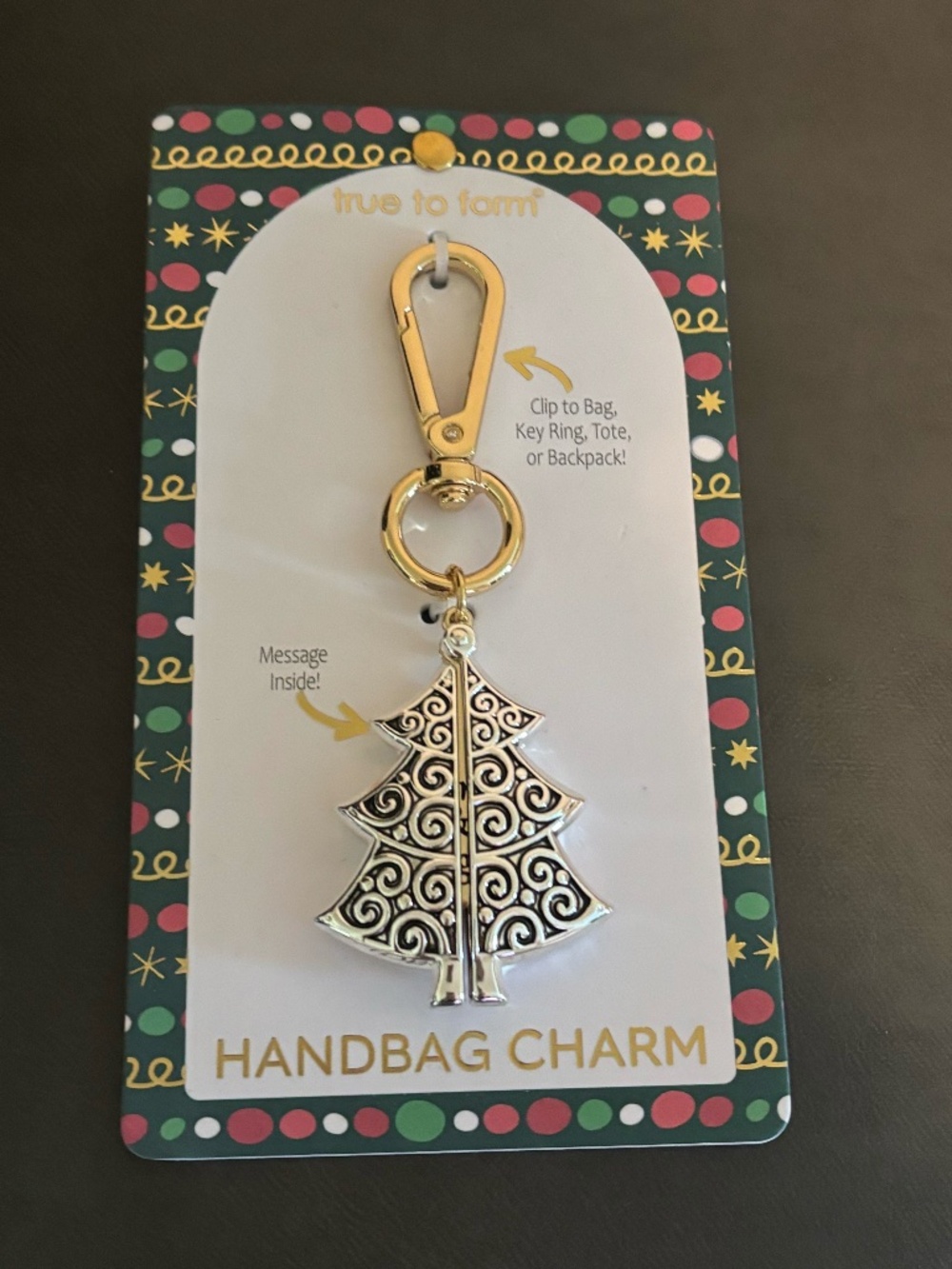 Silver and Gold Christmas Handbag Charm with Hidden Message